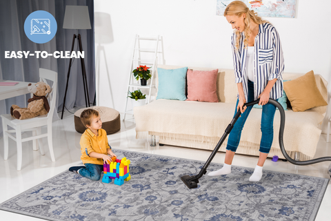 MARFI Collection 5x7 Oriental Area Rug - Stain-Resistant, Non-Shedding Polyester in Blue/Silver for Living Room, Bedroom, Entryway, Home Office - Durable & Easy Care