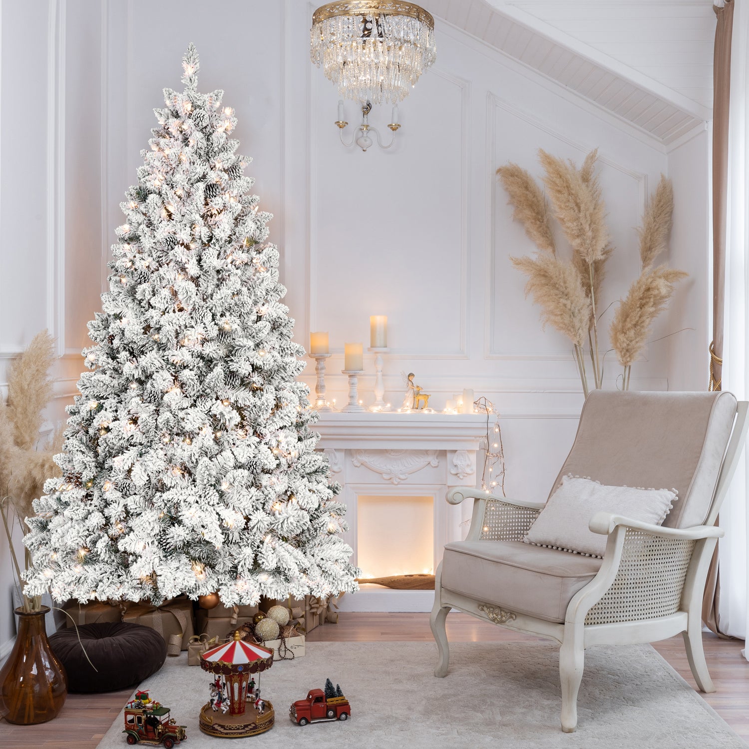 5FT Snow-Flocked Christmas Tree with 300 UL Lights &amp; 27 Pine Cones | Hinged PVC Branches, Snowy White &amp; Green, Stable Metal Stand | Realistic Winter Wonderland Decor for Home &amp; Party