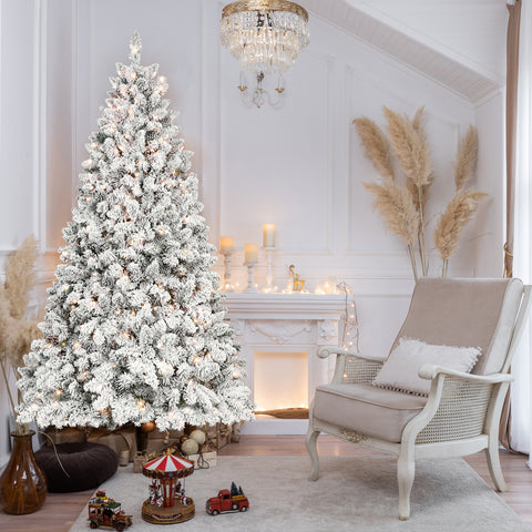 6FT Snowy Flocked Christmas Tree with 350 UL Lights & 35 Pine Cones - Hinged PVC, White/Green, Metal Stand for Festive Holiday Home Decor
