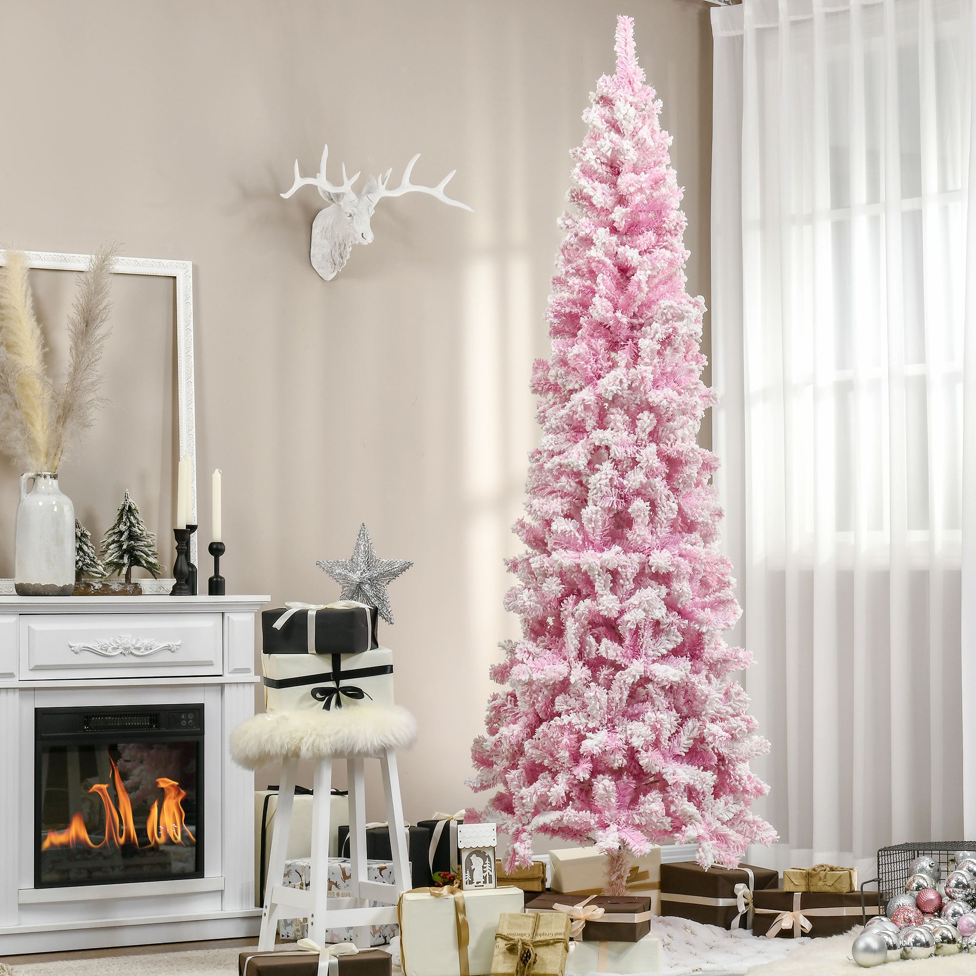HOMCOM 7.5ft Pink Snow Flocked Pencil Christmas Tree: Realistic Slim Artificial Pine with Auto-Open, Flame-Retardant Plastic for Festive Home Decor & Holiday Ambiance