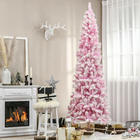 HOMCOM 7.5ft Pink Snow Flocked Pencil Christmas Tree: Realistic Slim Artificial Pine with Auto-Open, Flame-Retardant Plastic for Festive Home Decor & Holiday Ambiance