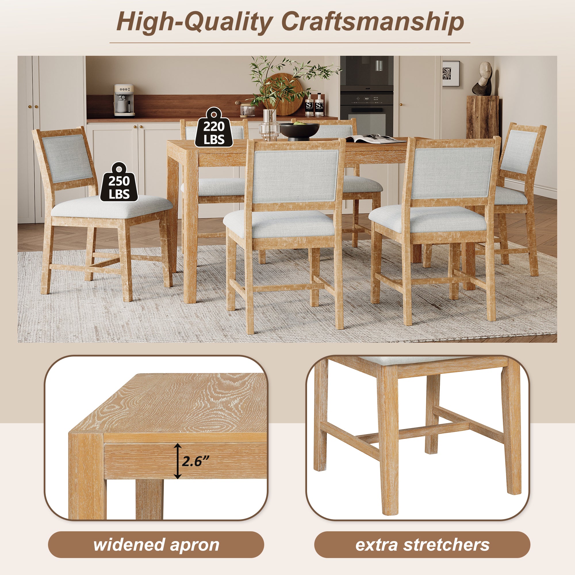 TREXM 7-Piece Retro Rectangular Wood Dining Table Set for 6 - Natural Oak Veneer & MDF with Upholstered Foam Chairs - Spacious Kitchen & Dining Room Furniture - Durable Solid Wood Legs