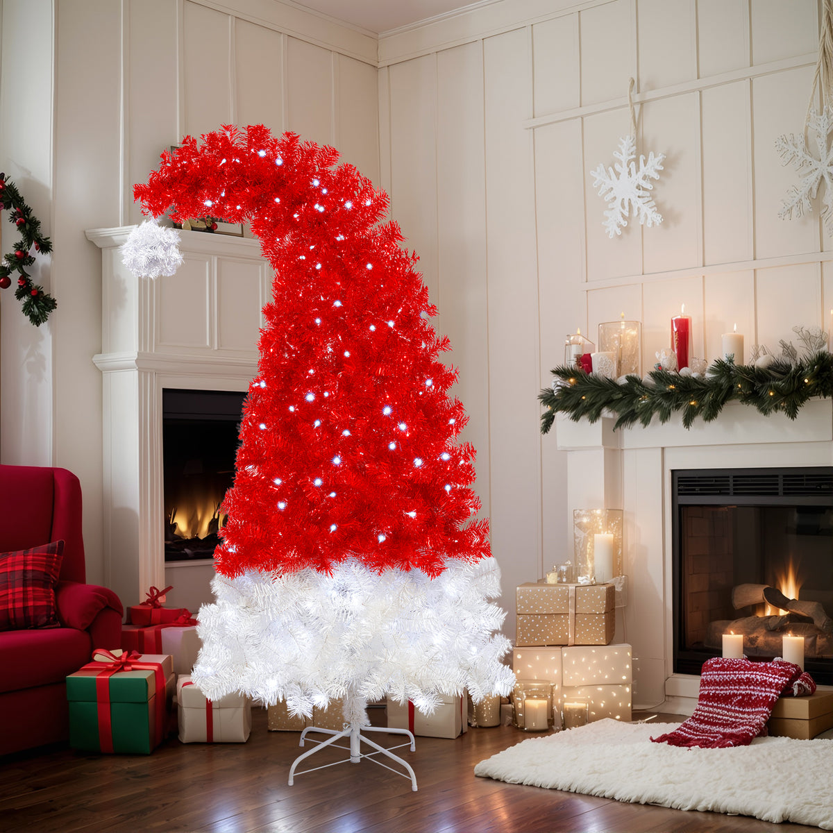 6FT Whimsical Santa Hat Christmas Tree | 1050 PET Tips | Pre-Lit 300 Cold White LEDs | Red & White | Indoor Holiday Decor