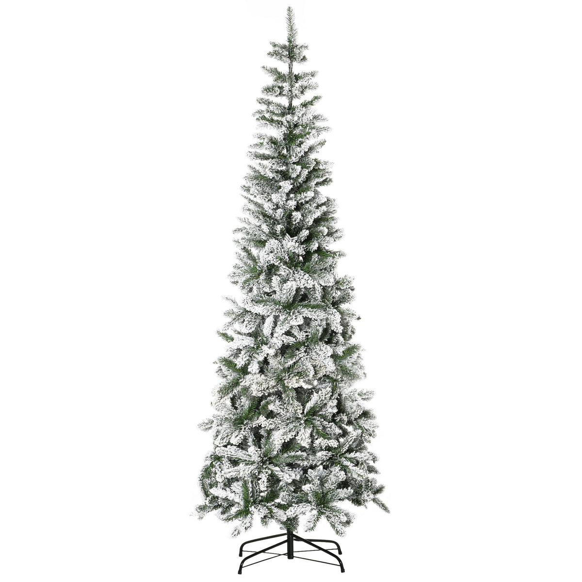 HOMCOM 7.5ft Snow-Flocked Slim Pine Artificial Christmas Tree | Realistic PVC Branches, 668 Tips | Indoor Holiday Decor, Living Room, Holiday Parties | Easy Setup, Sturdy Steel Base, Green