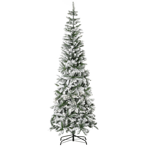 HOMCOM 7.5ft Snow-Flocked Slim Pine Artificial Christmas Tree | Realistic PVC Branches, 668 Tips | Indoor Holiday Decor, Living Room, Holiday Parties | Easy Setup, Sturdy Steel Base, Green