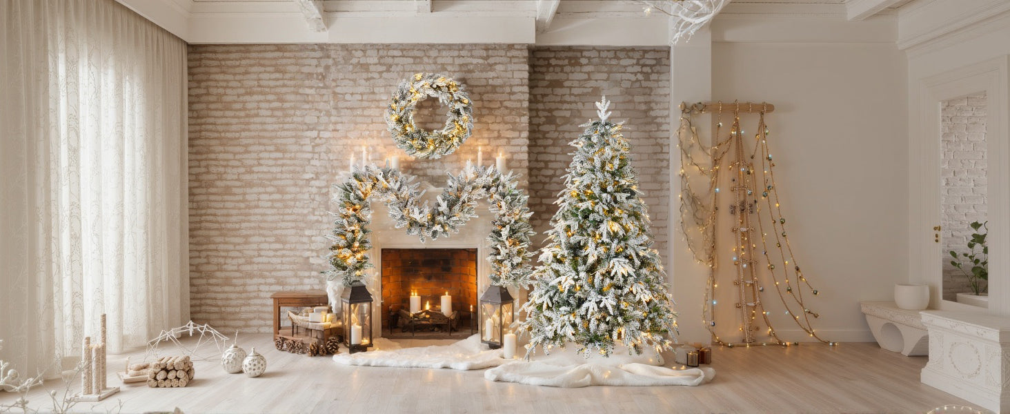Snow Flocked Christmas Wreath, Garland & 6ft Tree 3-Pack Decor Set | Warm White LED Lights | 900-Tip PVC/PE Tree | Indoor/Covered Outdoor Use | Festive Winter Wonderland Ambiance