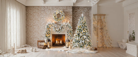 Snow Flocked Christmas Wreath, Garland & 6ft Tree 3-Pack Decor Set | Warm White LED Lights | 900-Tip PVC/PE Tree | Indoor/Covered Outdoor Use | Festive Winter Wonderland Ambiance