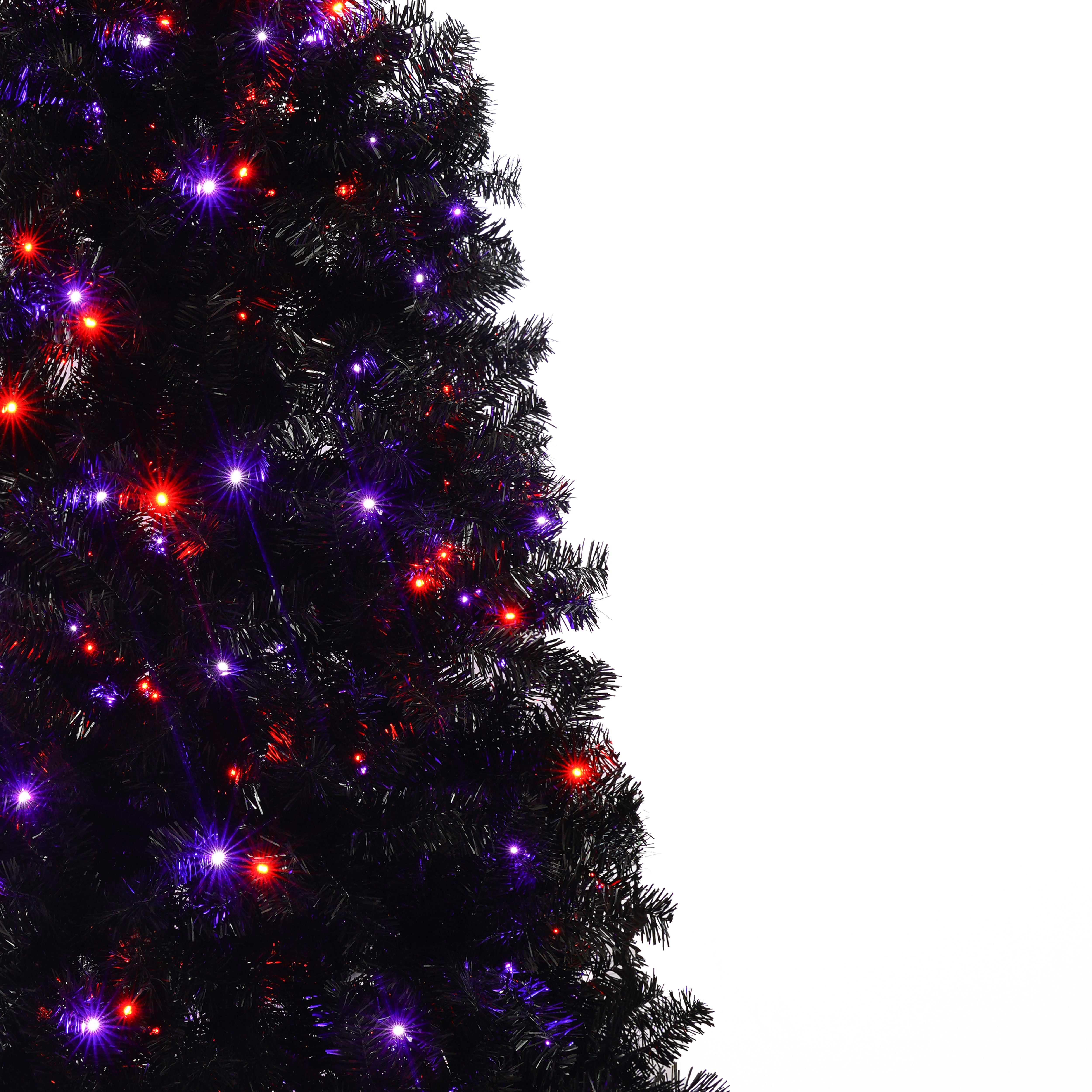 6ft Black Artificial Christmas Tree with LED Lights: Whimsical Hat-Shaped, 900 PET Tips, 250 Orange/Purple Lights, Hinged Branches, Metal Stand for Indoor Holiday Decor