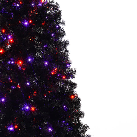 6ft Black Artificial Christmas Tree with LED Lights: Whimsical Hat-Shaped, 900 PET Tips, 250 Orange/Purple Lights, Hinged Branches, Metal Stand for Indoor Holiday Decor