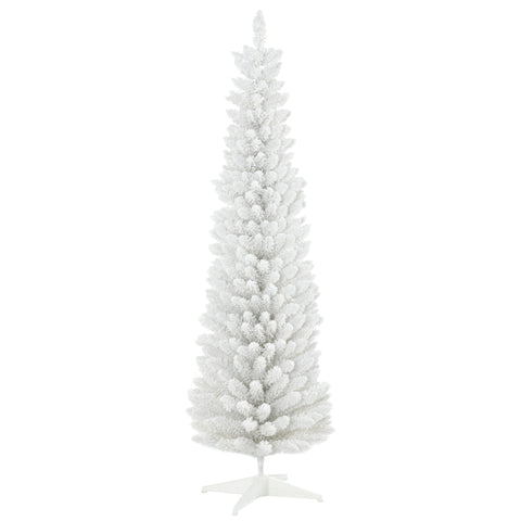 HOMCOM 6ft Snow Flocked Pencil Christmas Tree, Slim White Xmas Tree with Realistic Branches & Plastic Base for Indoor Home Decor. Easy Assembly & Storage.