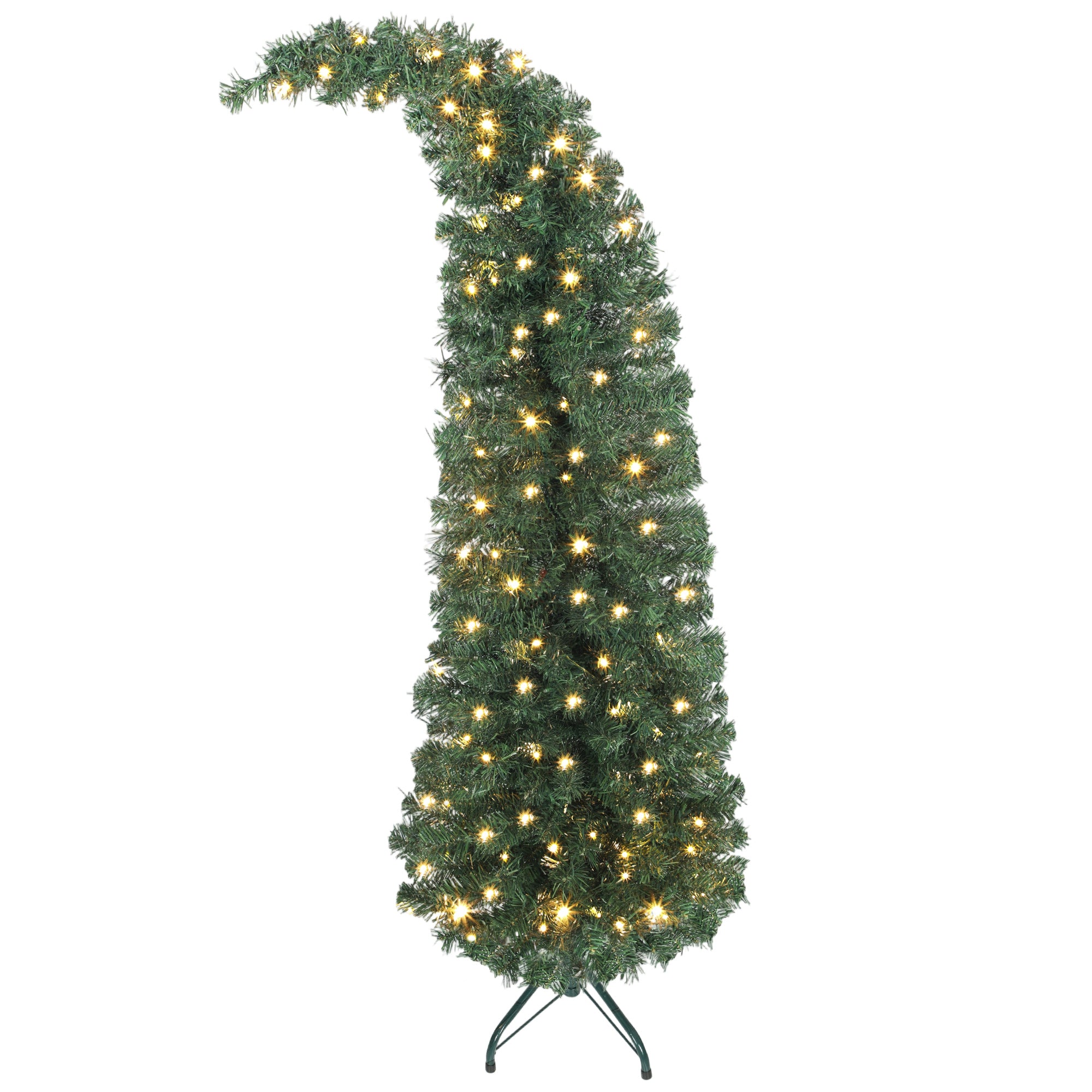 5ft Slim Green High Mountain Fir Christmas Tree: Whimsical Bent Top, 100 Warm White LEDs, 246 Tips, Stable Metal Stand for Indoor Festive Decor