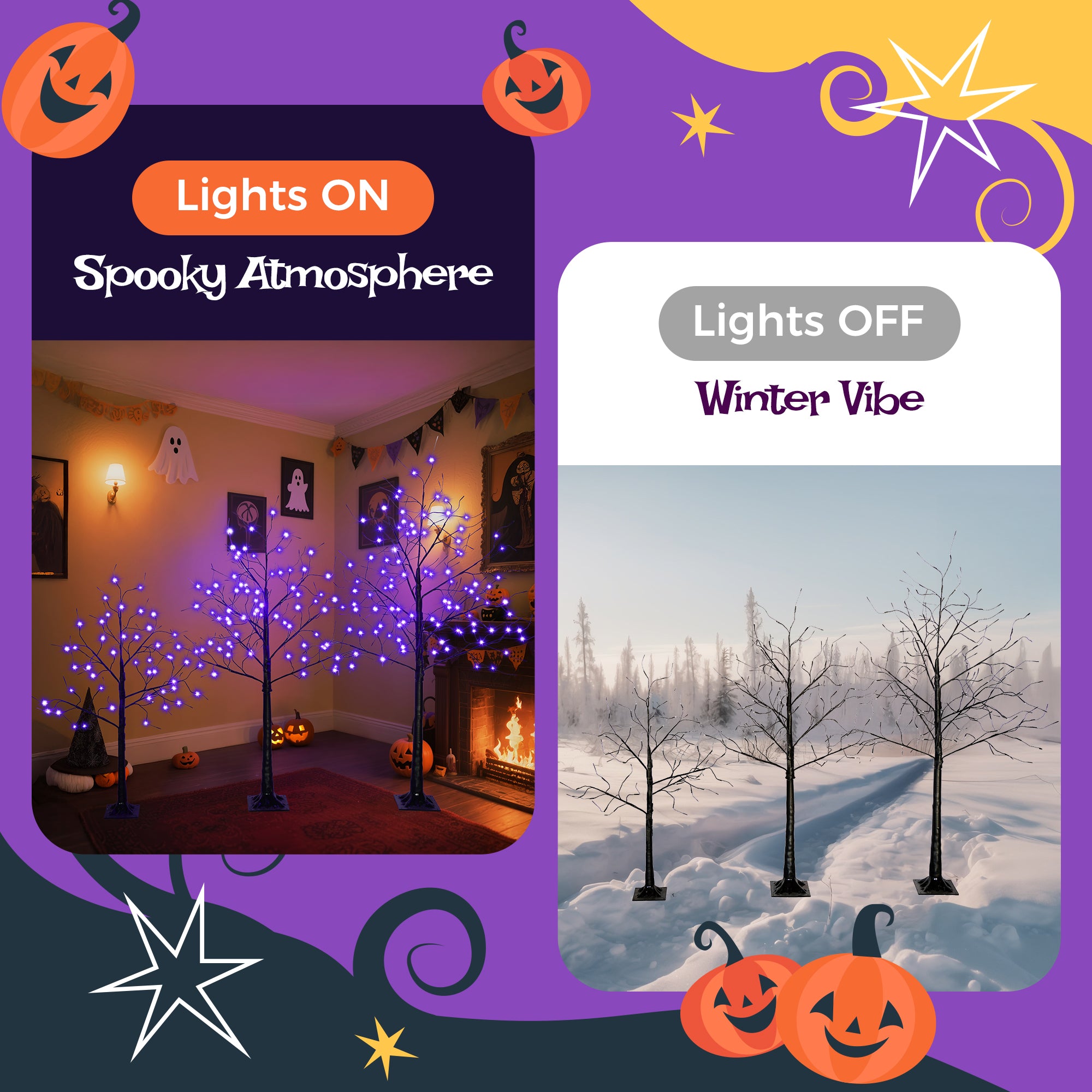 4-6FT Halloween Spooky Tree with 216 Purple LED Lights, Lighted Black Artificial Tree for Indoor Haunted House Decor, Durable Vinyl, Steady Glow
