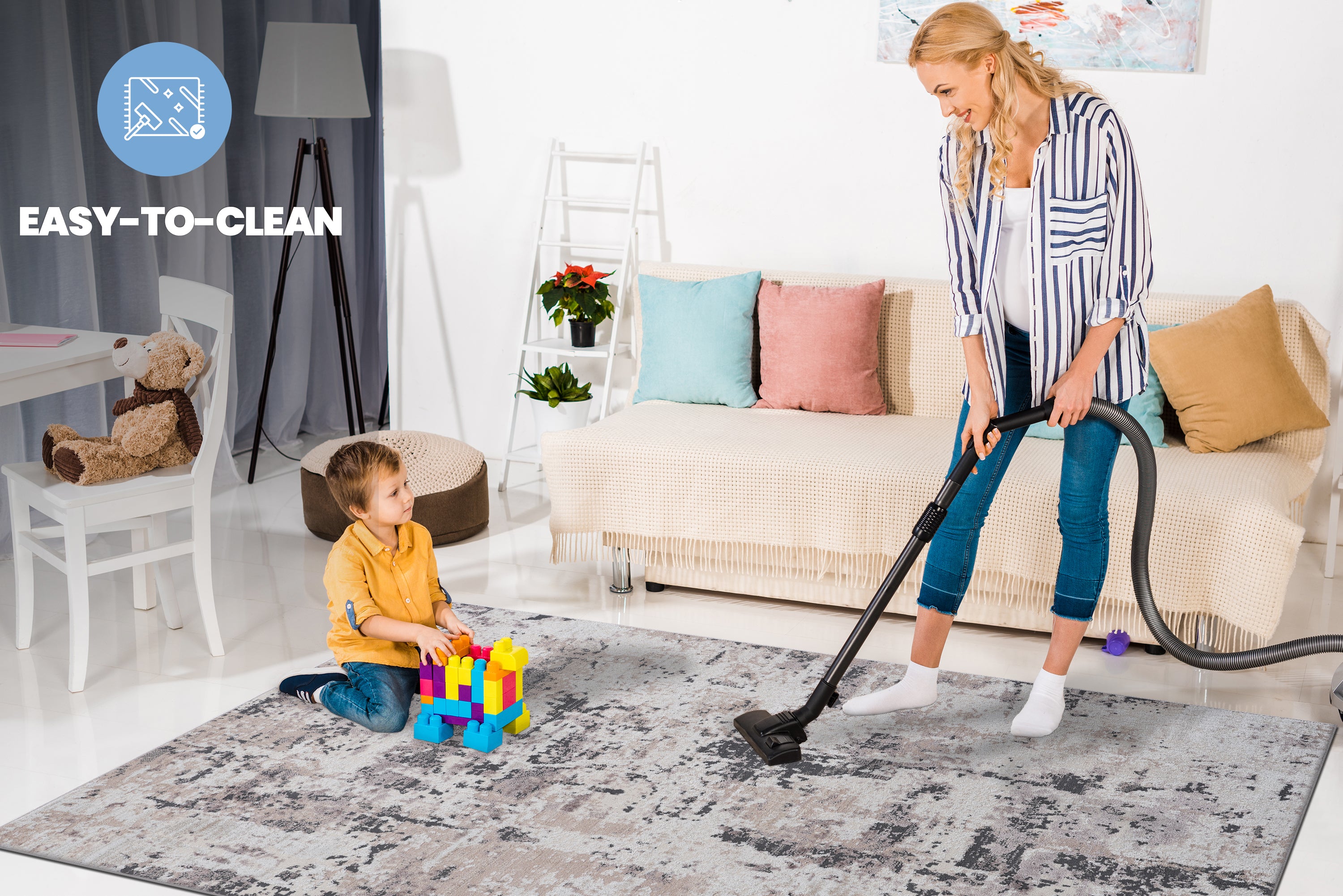 PAYAS Collection 6'x9' Cream & Brown Abstract Area Rug - Stain-Resistant, Non-Shedding Polyester for Living Room, Bedroom, Home Office. Durable, Easy Care, Medium Pile, Latex-Free Cotton Backing. Made in Turkey.