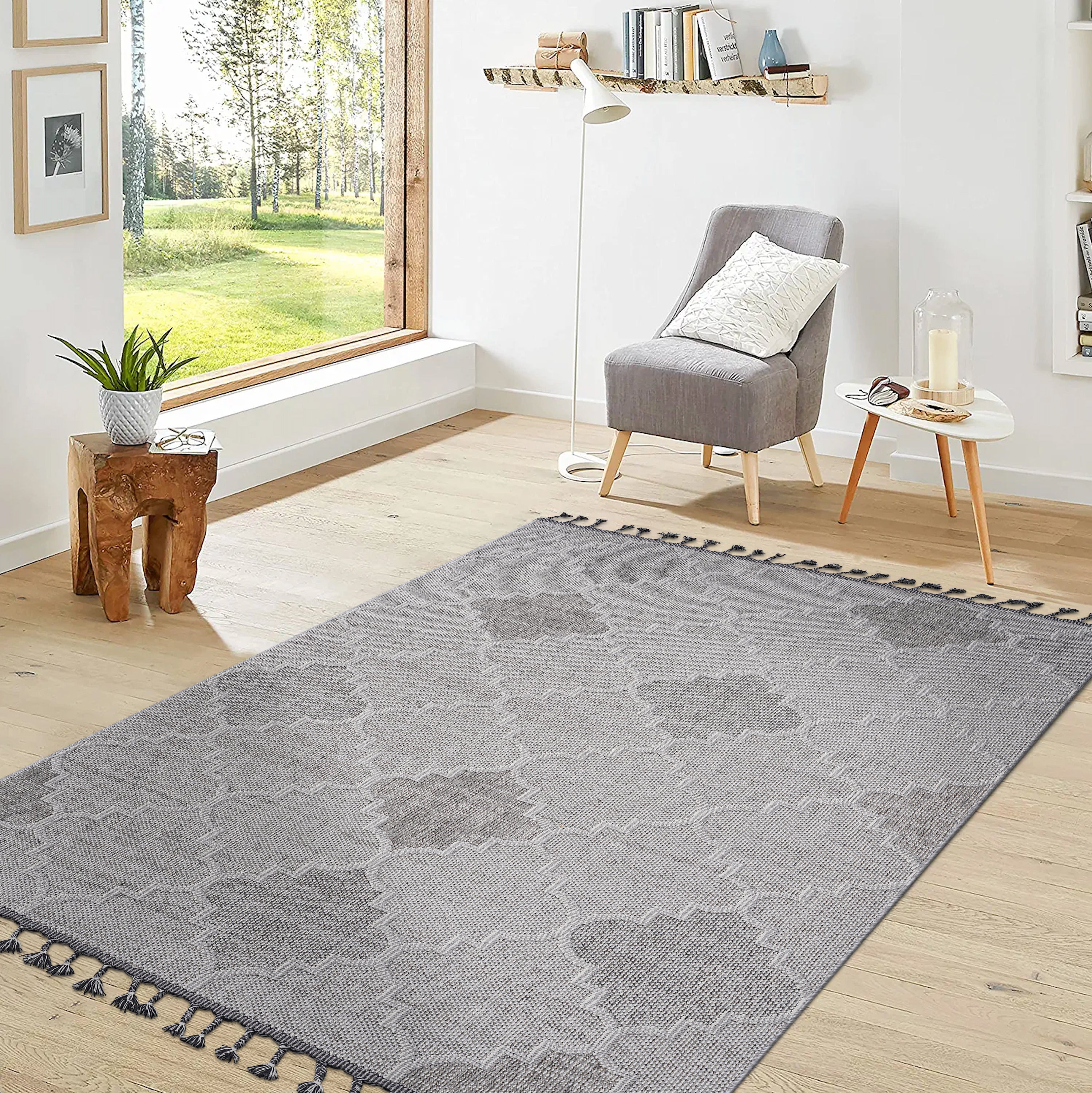 Guros Collection 5'7" White Grey Trellis Indoor Outdoor Area Rug - Stain Resistant, Non-Shedding Polypropylene, Medium Pile, Durable, Kid & Pet Friendly, Turkey Made