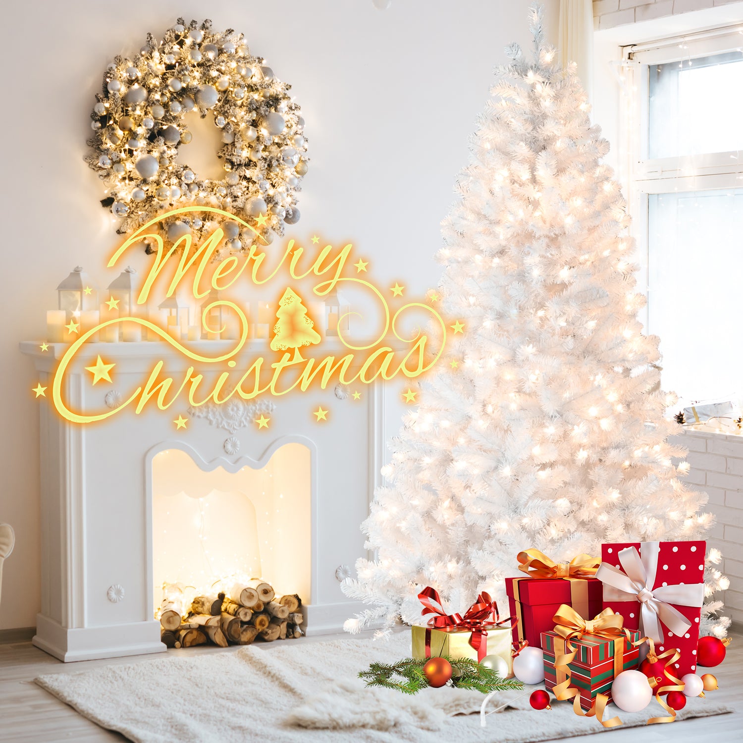 7.5FT Pre-Lit White Christmas Tree: Automatic Memory Wire, 450 Warm Incandescent Lights, 1240 Lush PVC Tips, Stable Metal Stand for Festive Home Decor
