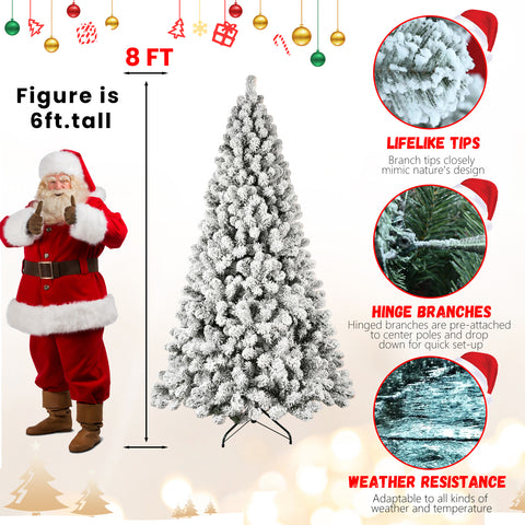 7ft Snow-Flocked Pre-Lit Christmas Tree | 400 Warm White UL Lights | Auto-Unfold Memory Wire | Stable Metal Stand | PVC | Green/White | Indoor Holiday Decor