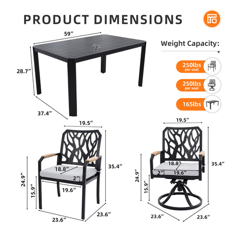 7-PC Bourbon Brown Aluminum Patio Dining Set: 6-Seater Outdoor Furniture with 4 Chairs, 2 Swivel Rockers, Sunbrella Cushions, Branch Backrest, Rectangular Table w/ Umbrella Hole for Garden & Patio Relaxation