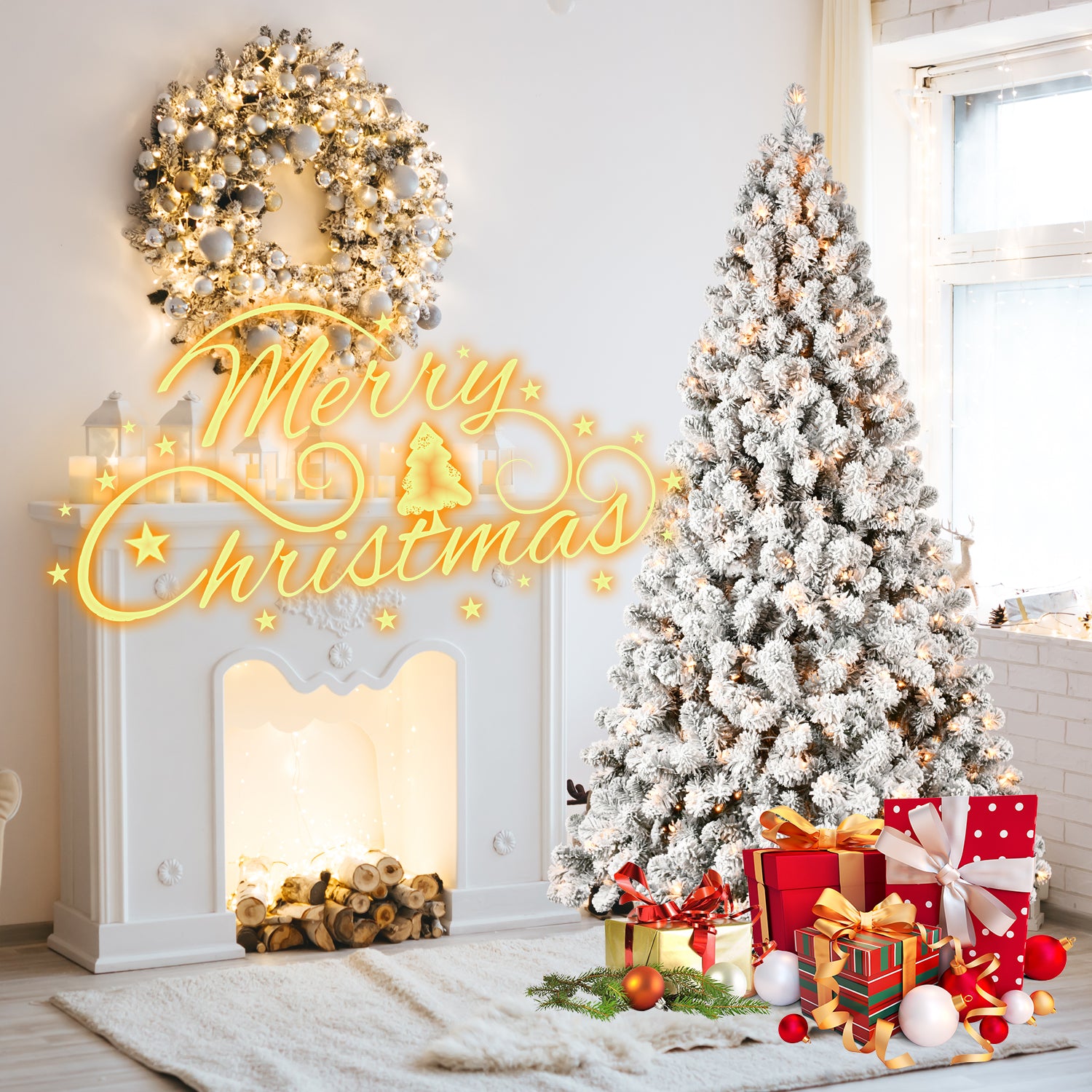9ft Snow-Flocked Christmas Tree: 650 Warm White UL Lights, Auto-Unfold Memory Wire, 1930 PVC Tips, Stable Metal Stand for Cozy Holiday Decor