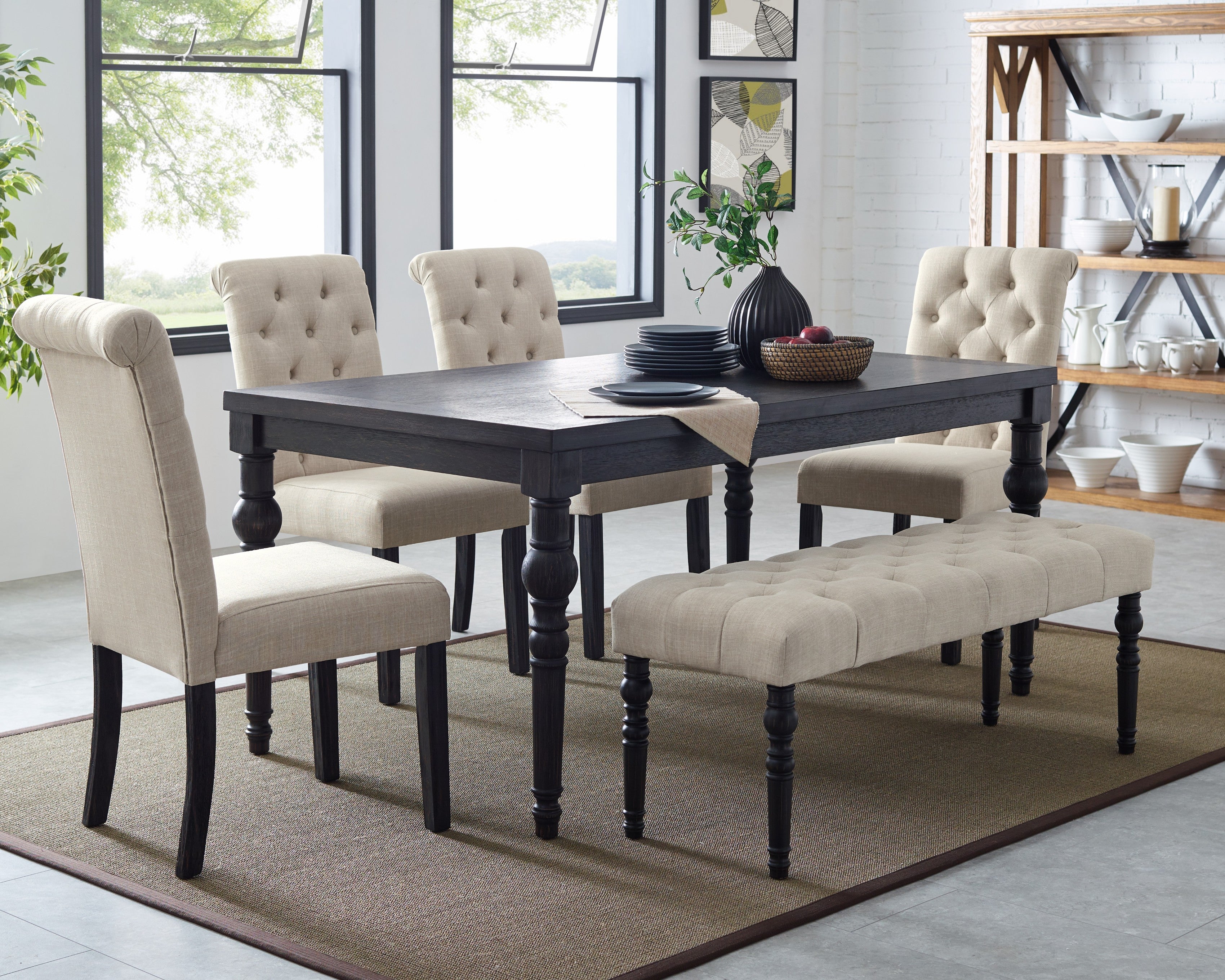 Leviton Urban Style Dark Wash Wood Dining Set: 5-Piece Rectangular Table, 4 Padded Chairs & Bench for Dining Room | Solid Rubberwood Frame, Black Legs, Button Tufted Fabric Seats | 65" W Table