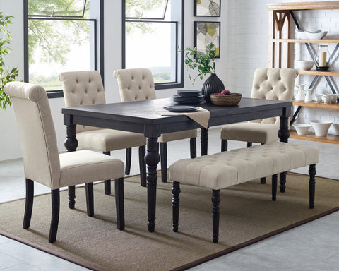 Leviton Urban Style Dark Wash Wood Dining Set: 5-Piece Rectangular Table, 4 Padded Chairs & Bench for Dining Room | Solid Rubberwood Frame, Black Legs, Button Tufted Fabric Seats | 65" W Table