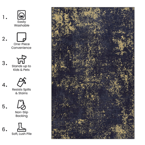 MAVAL 3x5 Washable Area Rug - Black &amp; Gold Boho Chenille Polyester, Low Pile, Non-Slip, Stain-Resistant for Living Room, Bedroom, Kitchen, Hallway, Turkey