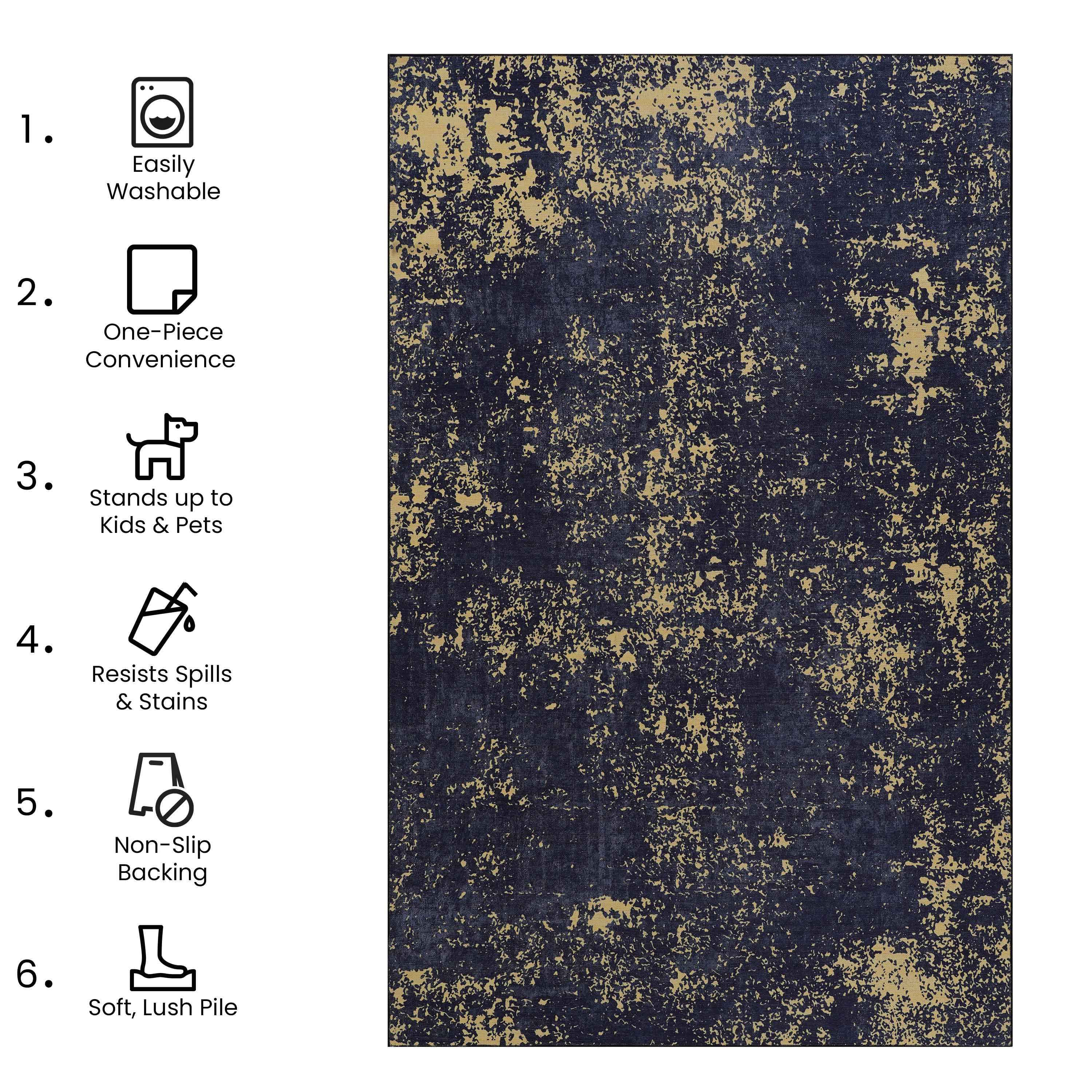 MAVAL 8x10 Washable Area Rug - Soft Chenille Black+Gold Boho Design, Non-Slip, Stain-Resistant, Low Pile for Living Room, Bedroom, Hallway, Dining Room, Kitchen