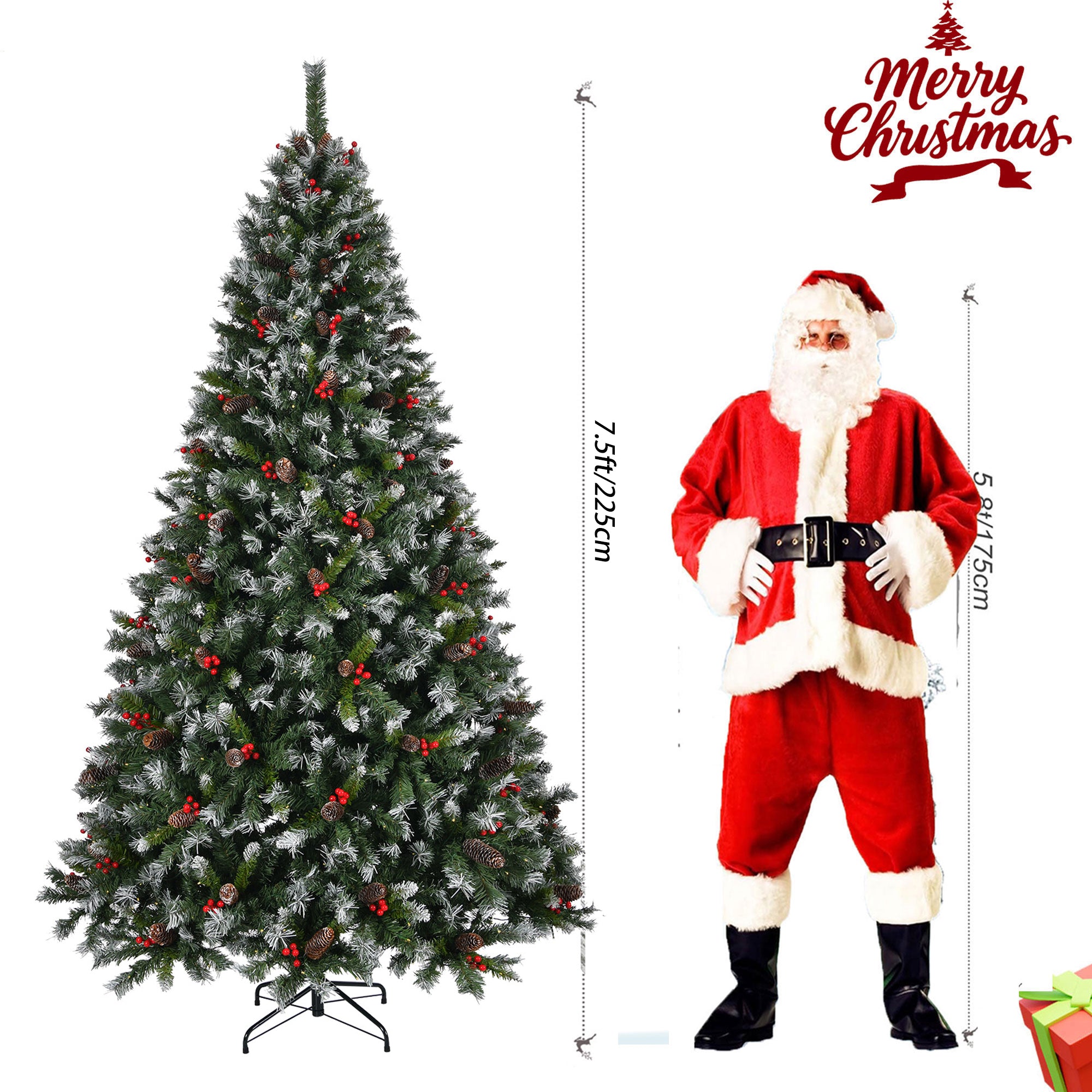 7.5ft Pre-Lit Pre-Decorated Frosted Pine Christmas Tree | 1368 Tips, Pine Cones, Berries | Lush PVC | Easy Setup | Indoor Home Office Holiday Party Decor