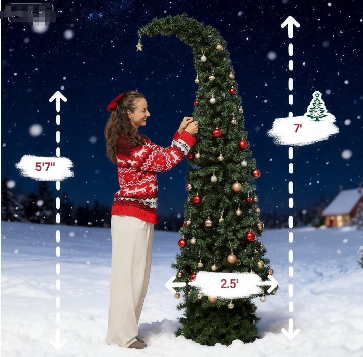 7ft Prelit Bent Top Christmas Tree: Slim High Mountain Fir with 300 Warm White LEDs & 8 Modes, Whimsical Santa Hat Design, Metal Stand, Flame-Retardant Plastic, Green, 84" Tall for Cozy Home Decor