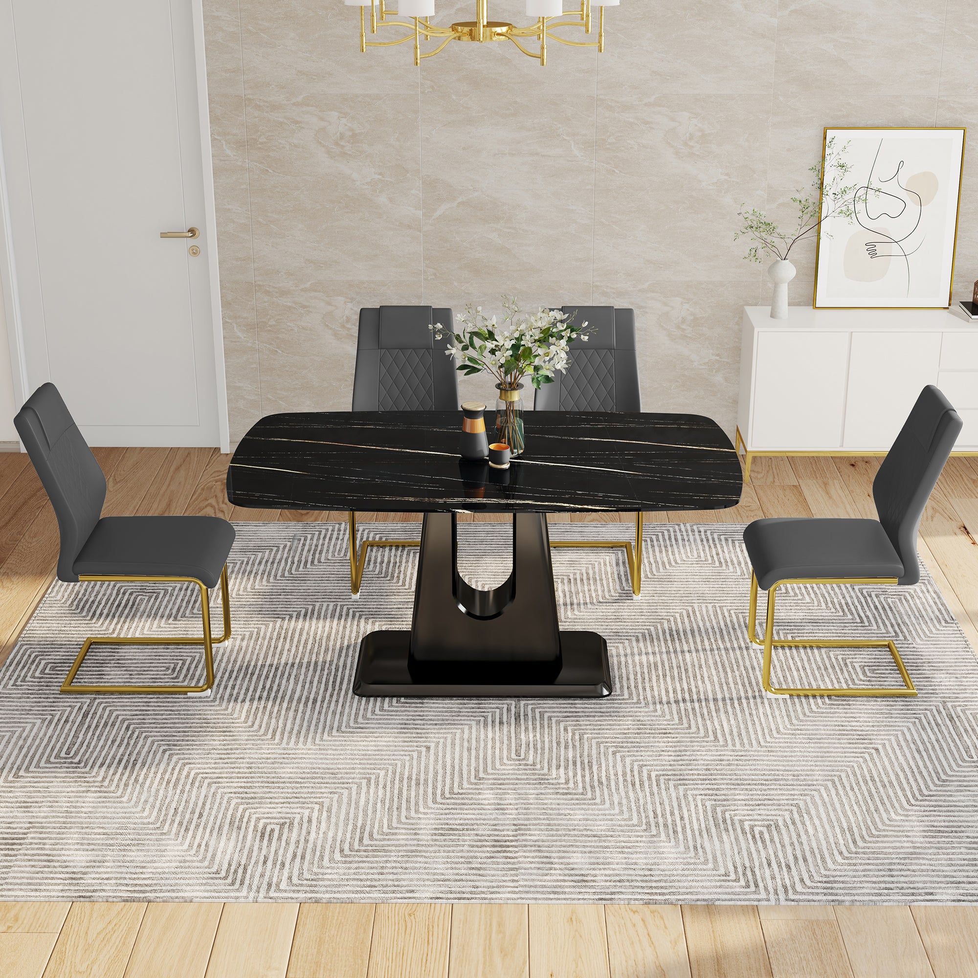 Modern Minimalist Dining Table Set with Imitation Marble Glass Top &amp; U-Bracket Legs - Seats 4-8 - Black &amp; Gold MDF - Perfect for Dining &amp; Living Rooms