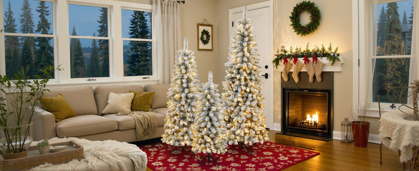 3 Pcs Flocked Artificial Christmas Trees Set w/ Warm White LED Lights, 4ft 5ft 6ft Snow-Covered Pine Tree Decor for Indoor Holiday Parties, Easy Assembly, Dense PVC Tips, Metal Stand, Green/White
