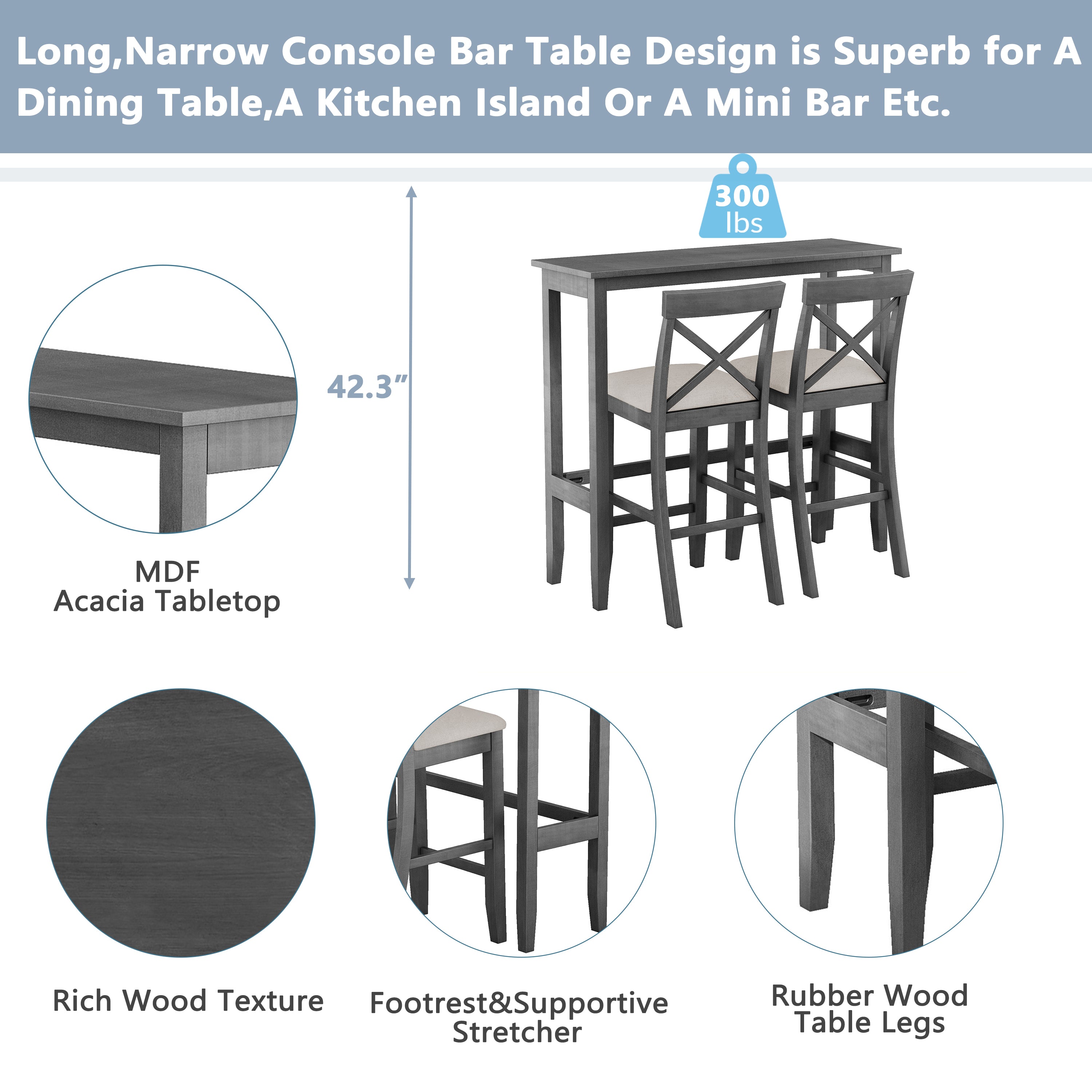 TOPMAX Farmhouse 48" Rectangular Wood Bar Height Dining Set for Small Kitchens & Breakfast Nooks - Gray Frame & Beige Cushions, Seats 2, Acacia Wood, Space-Saving Design