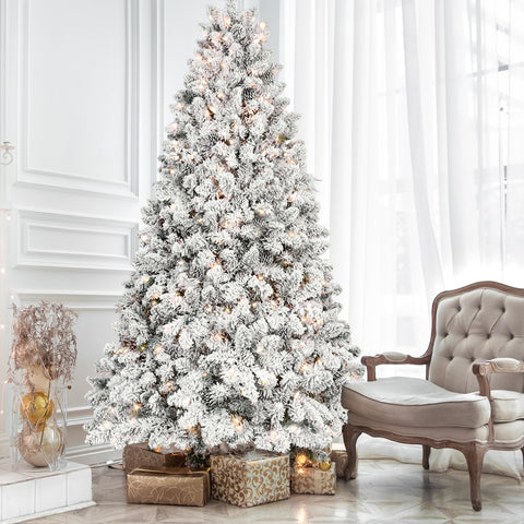 8FT Snow-Flocked Christmas Tree with 700 UL Lights & 54 Pine Cones | Hinged PVC Tree, 1754 Tips, White & Green, Stable Metal Stand | Winter Wonderland Holiday Decor