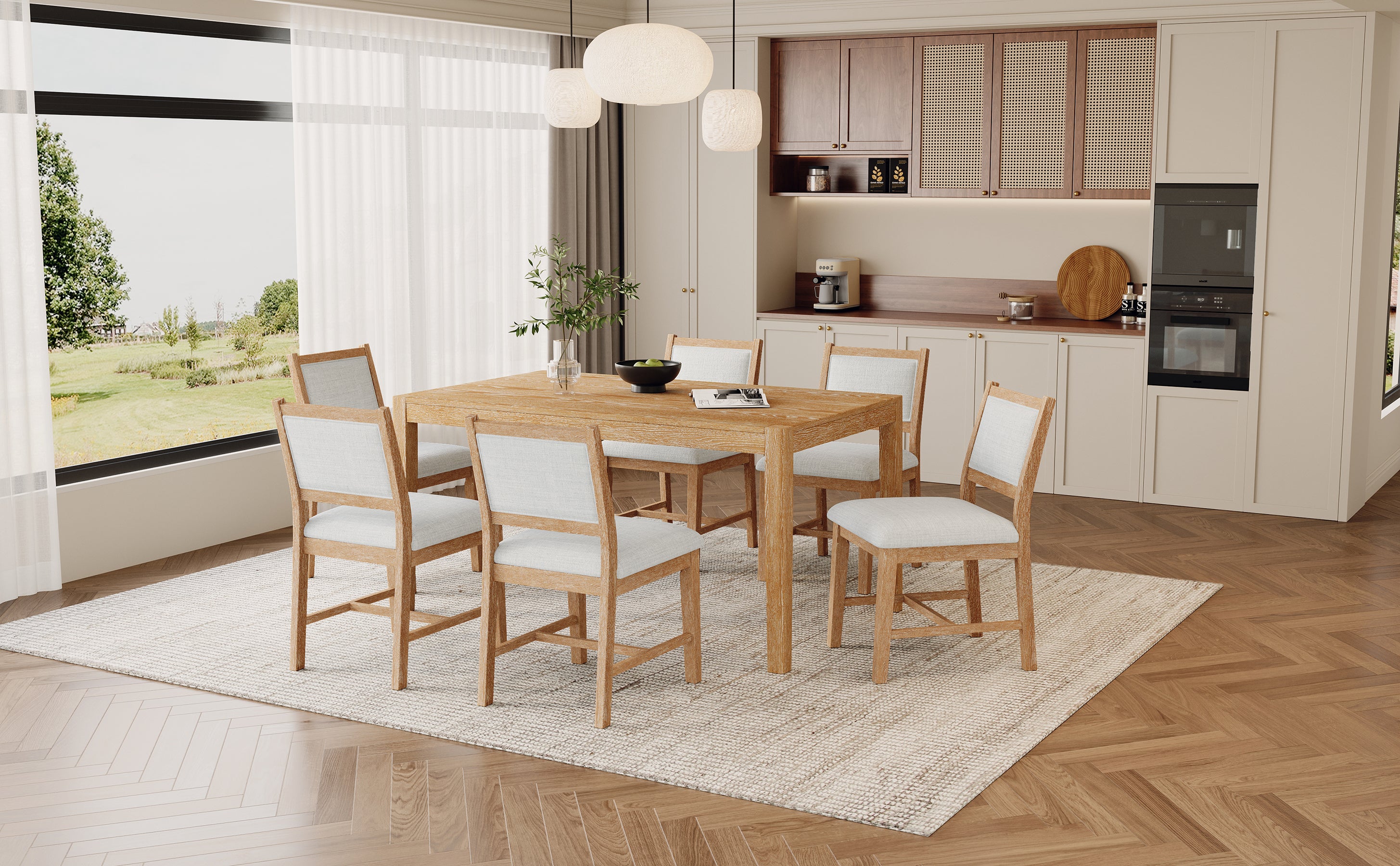 TREXM 7-Piece Retro Rectangular Wood Dining Table Set for 6 - Natural Oak Veneer & MDF with Upholstered Foam Chairs - Spacious Kitchen & Dining Room Furniture - Durable Solid Wood Legs