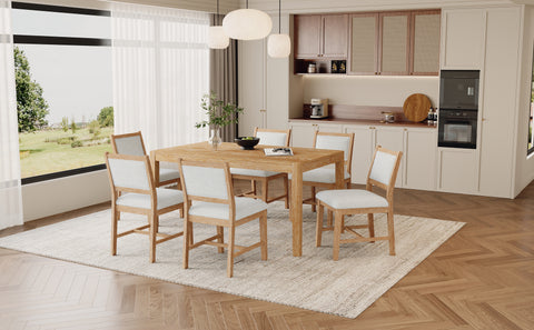 TREXM 7-Piece Retro Rectangular Wood Dining Table Set for 6 - Natural Oak Veneer & MDF with Upholstered Foam Chairs - Spacious Kitchen & Dining Room Furniture - Durable Solid Wood Legs