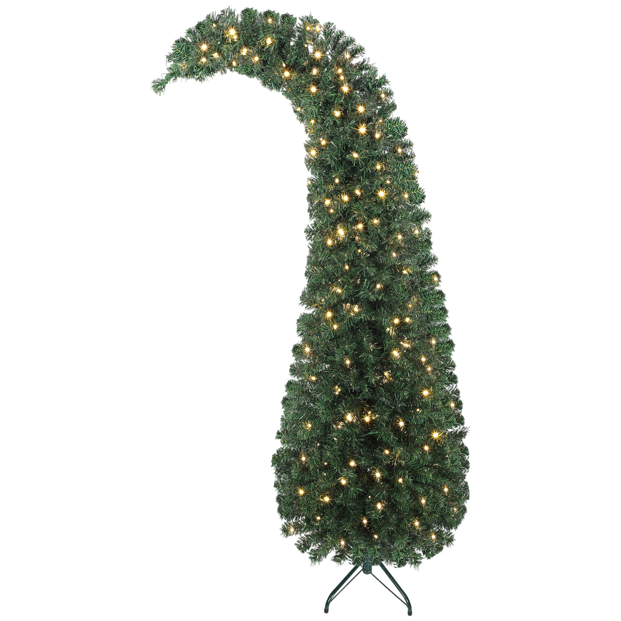 6ft Slim High Mountain Fir Christmas Tree | Whimsical Bent Top Design | 200 Warm White LEDs, 8 Modes | 493 Tips | Metal Stand | Indoor Green Tree