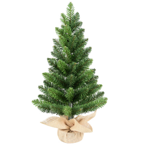 Set of 2 Small Artificial Christmas Trees, 2FT Green PVC Mini Holiday Decor with 68 Tips Each, Rustic Burlap Cement Base, Perfect for Desk, Table, Office & Home