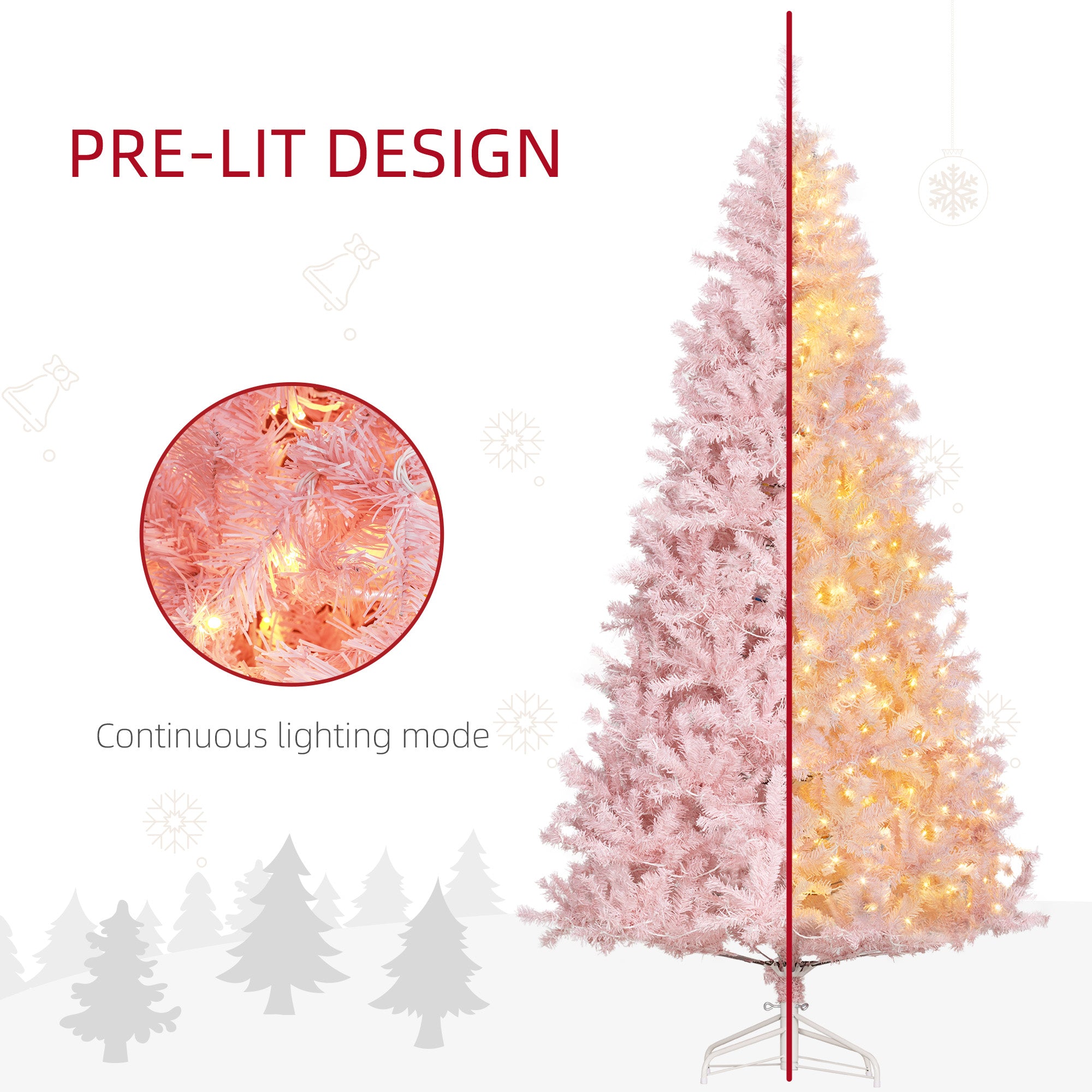 HOMCOM 7.5ft Pink Douglas Fir Prelit Christmas Tree - 500 Warm White LEDs, 1346 Tips, Realistic Branches, Metal Base - Indoor Holiday Decor, Living Room & Party Essential