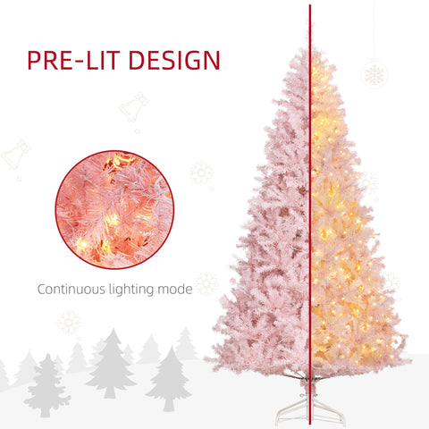 HOMCOM 7.5ft Pink Douglas Fir Prelit Christmas Tree - 500 Warm White LEDs, 1346 Tips, Realistic Branches, Metal Base - Indoor Holiday Decor, Living Room & Party Essential