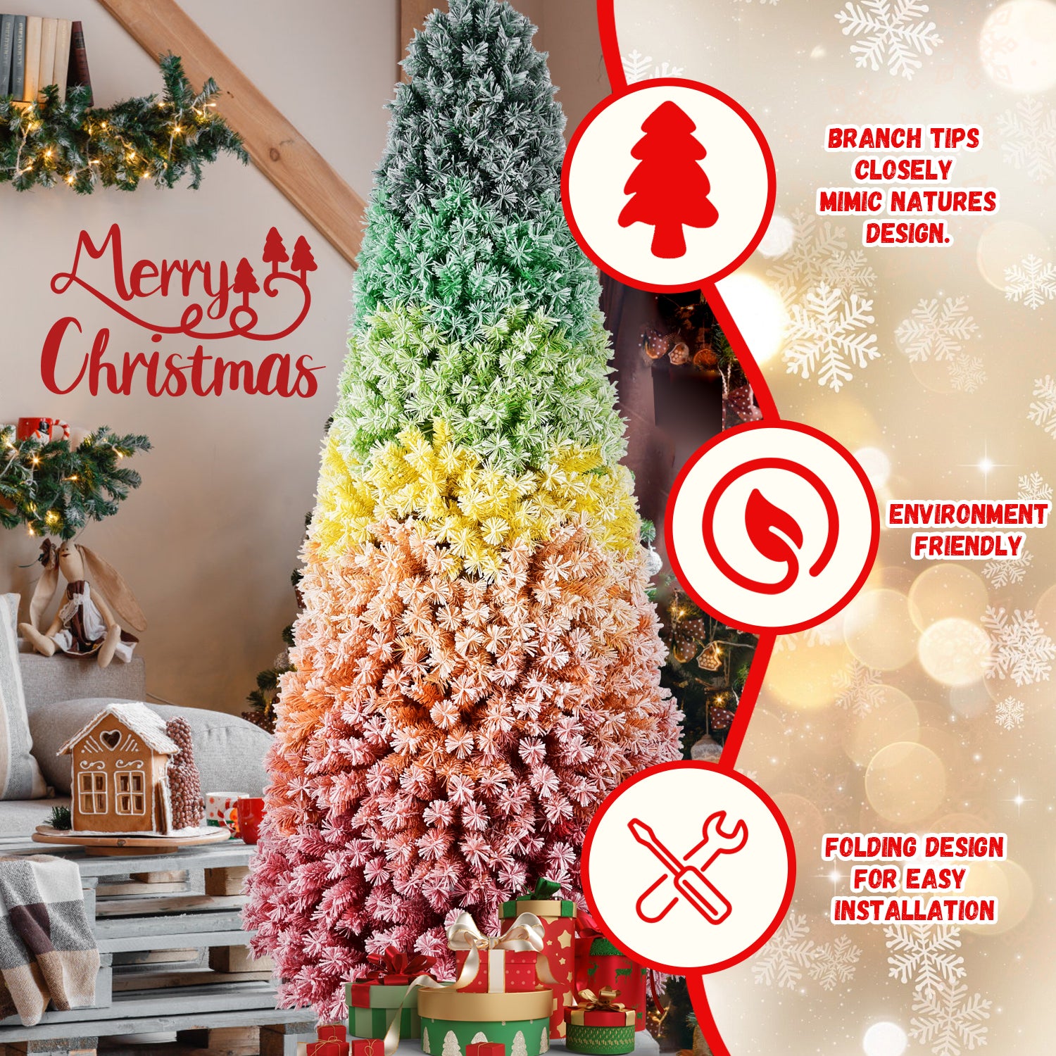 7.5ft Rainbow Gradient Flocked PVC Christmas Tree | 1927 Tips, Full-Bodied Artificial Pine | Snowy Finish, Hinged Design | Sturdy Metal Stand for Festive Home & Holiday Decor