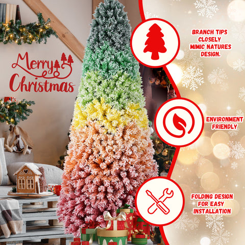 6ft Rainbow Gradient Flocked PVC Christmas Tree | 1326 Full Tips, Snowy Finish | Hinged Artificial Pine with Sturdy Metal Stand | Vibrant Indoor Holiday Decoration