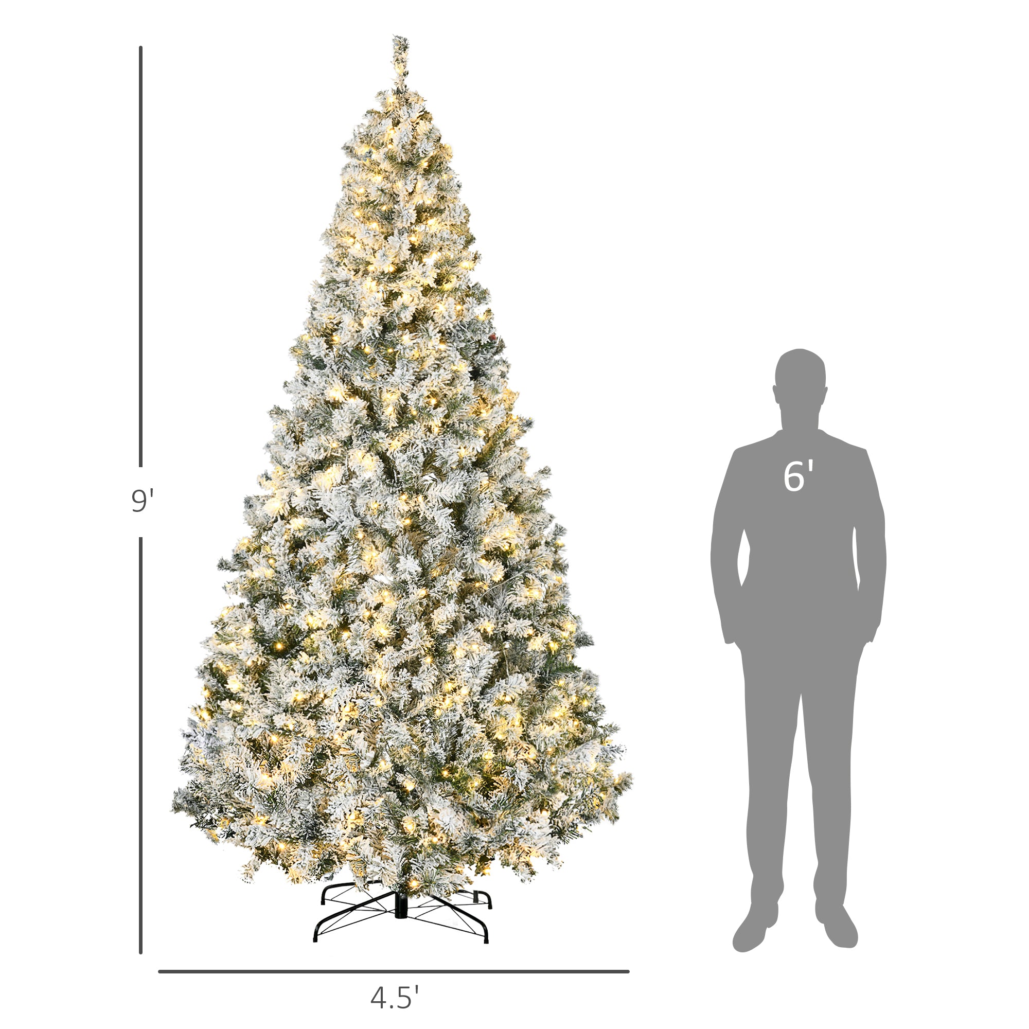 HOMCOM 9ft Snow Flocked Prelit Christmas Tree | 1868 Branches, 600 Warm White LEDs | Auto-Open, Flame Retardant | Realistic Green Artificial Holiday Decor, 55" W x 106.3" H