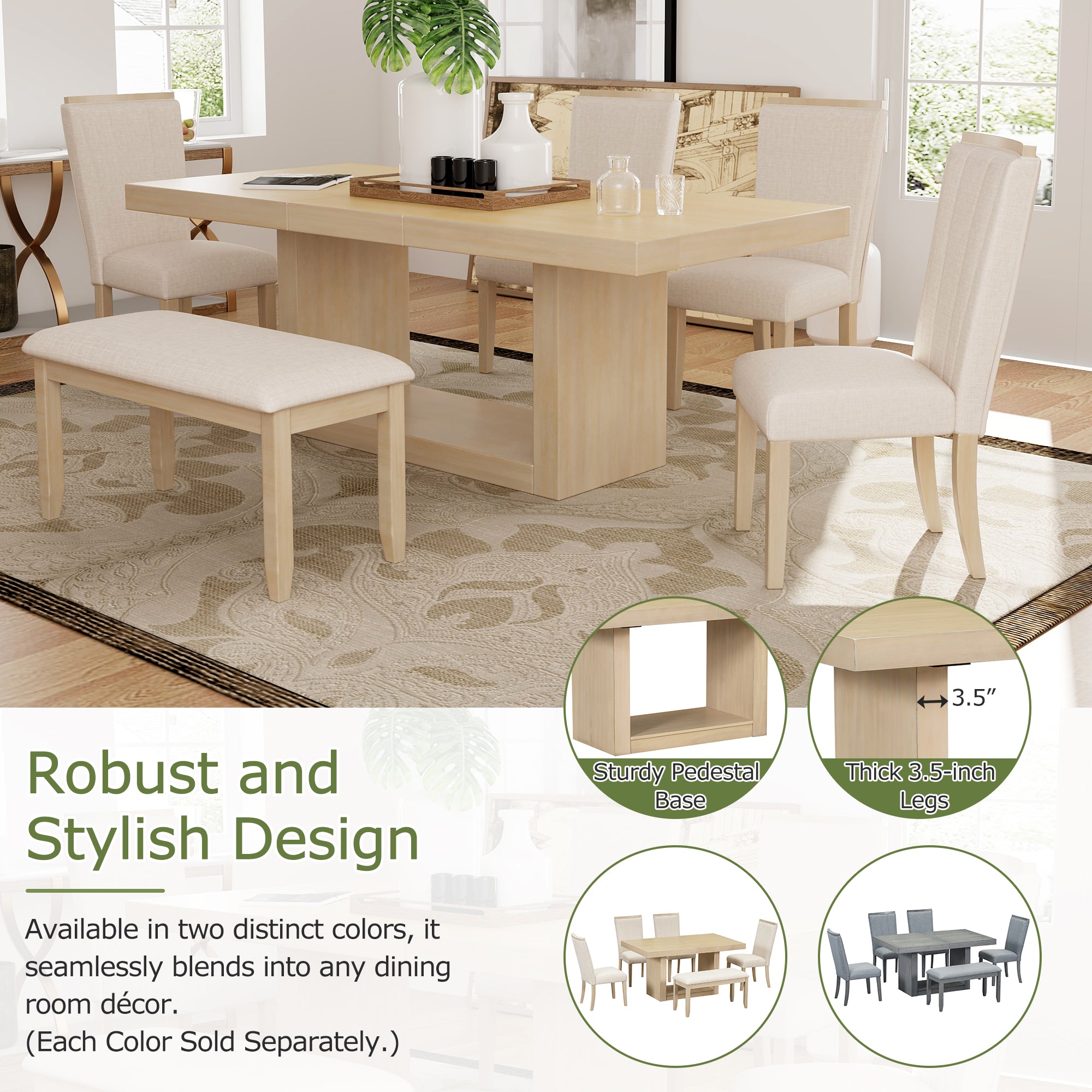 TOPMAX 6-Piece Natural Rubberwood Dining Set: 78" Extendable Pedestal Table w/ 18" Leaf, 4 Upholstered Chairs &amp; Bench for Dining Room, Seats 6