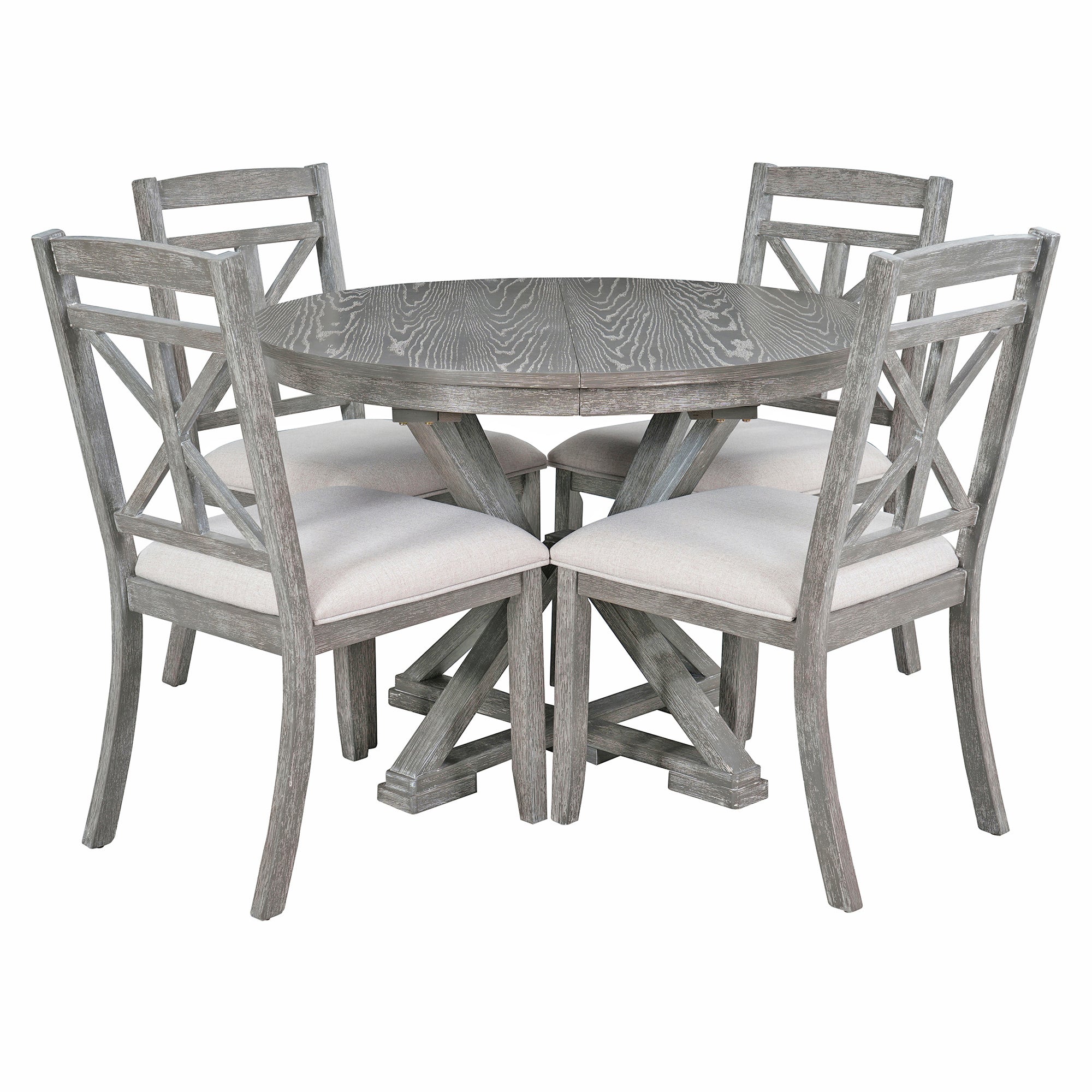 TREXM 5-Piece Extendable Round Dining Table Set for 4 - Vintage Grey Rubberwood & Linen Upholstered Chairs - 42"-54" Oval/Round Table for Kitchen, Dining Room, Living Room