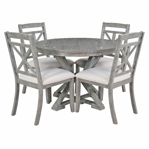 TREXM 5-Piece Extendable Round Dining Table Set for 4 - Vintage Grey Rubberwood & Linen Upholstered Chairs - 42"-54" Oval/Round Table for Kitchen, Dining Room, Living Room