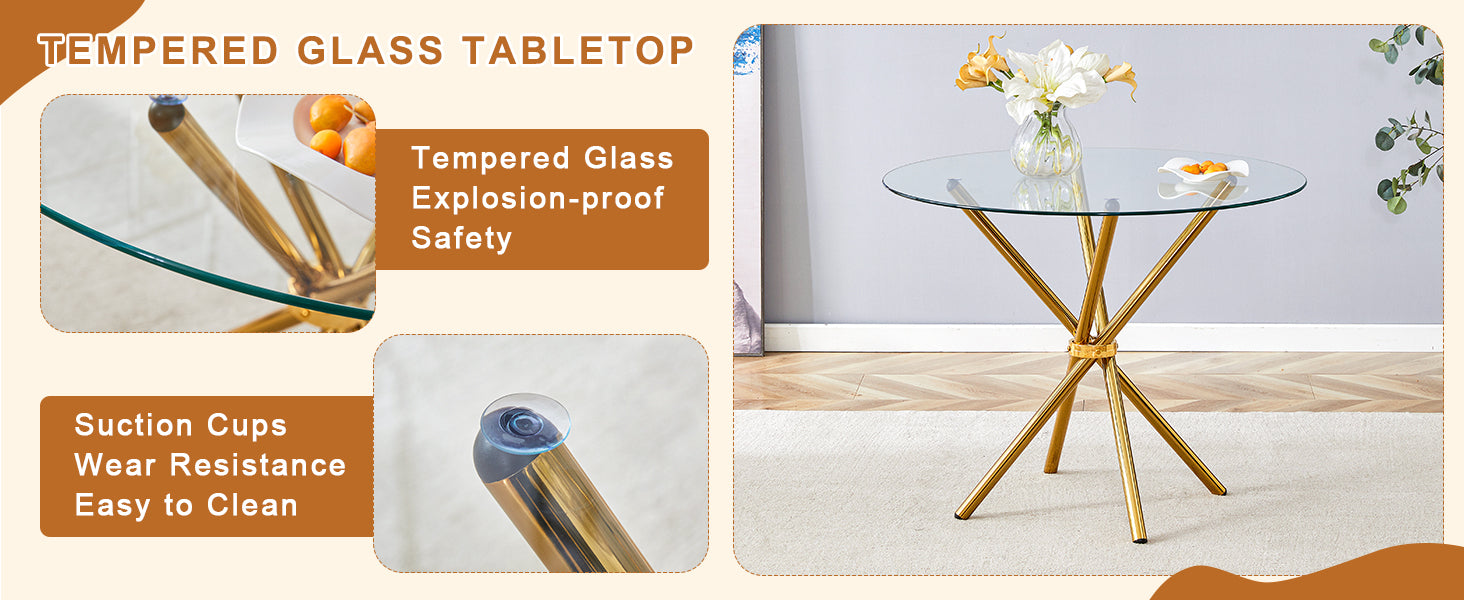 4-Piece Modern Luxe Dining Set: 36.6'' Round Tempered Glass Table & Black Linen-Cotton Chairs with Gold Metal Legs - Chic Seating for Kitchen, Living Room, Home Office | Seats 4