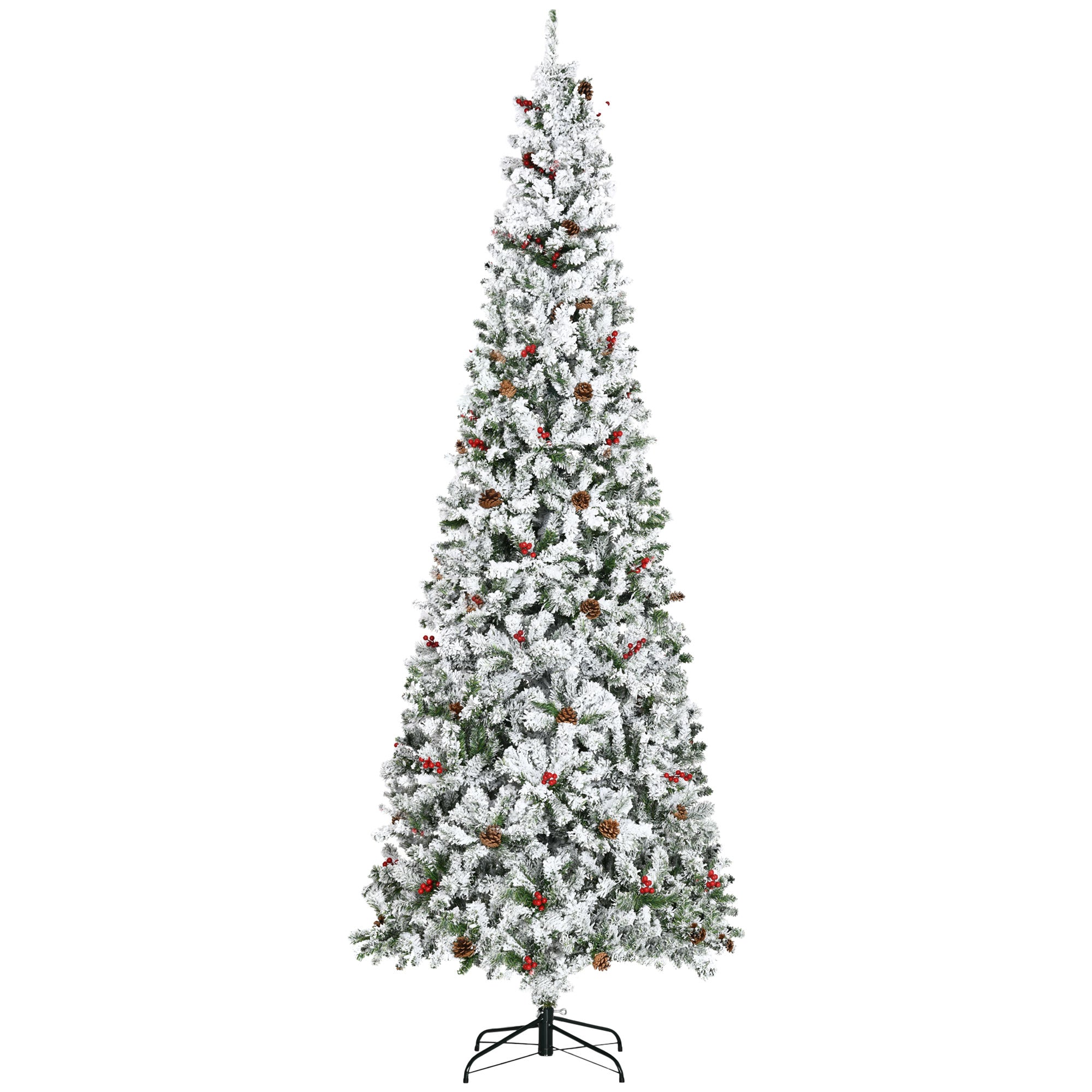 HOMCOM 9ft Pencil Snow Flocked Christmas Tree: Realistic Pine Branches, Pine Cones &amp; Red Berries, Auto-Open, Flame Retardant, Green Plastic for Festive Home Decor