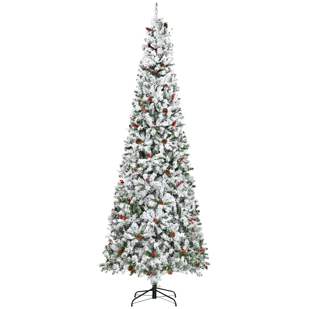 HOMCOM 9ft Pencil Snow Flocked Christmas Tree: Realistic Pine Branches, Pine Cones &amp; Red Berries, Auto-Open, Flame Retardant, Green Plastic for Festive Home Decor