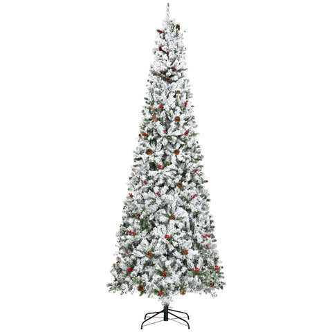 HOMCOM 9ft Pencil Snow Flocked Christmas Tree: Realistic Pine Branches, Pine Cones &amp; Red Berries, Auto-Open, Flame Retardant, Green Plastic for Festive Home Decor
