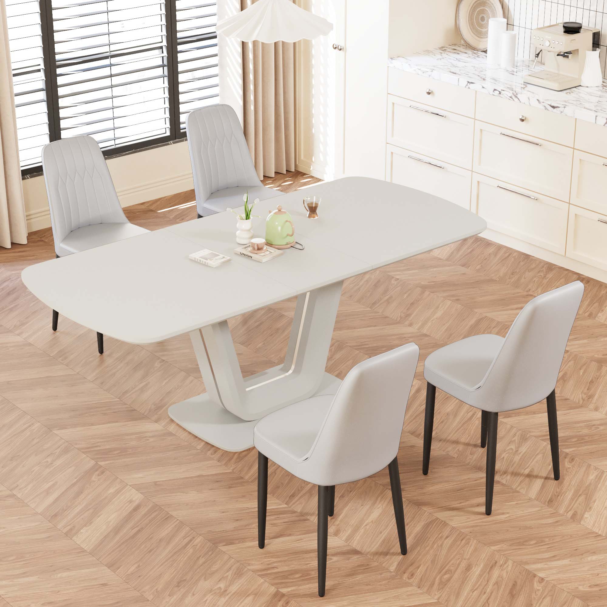 Expandable Dining Table Set for 2-8 People, 63-79" Gray MDF Kitchen Table with 4 PU Leather Padded Chairs, U-Shaped Legs, Modern Farmhouse Style for Dining Room & Living Room