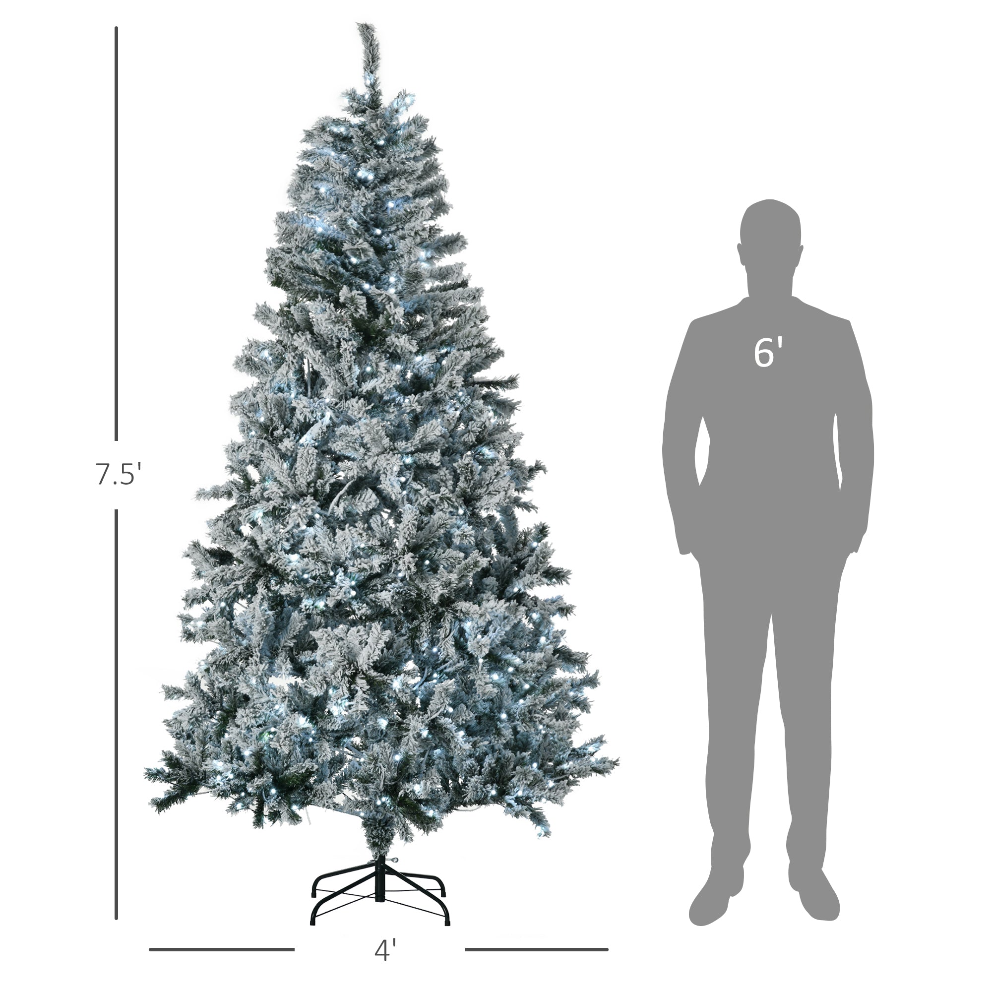 HOMCOM 7.5' Flocked Artificial Christmas Tree | Auto-Open Design, 500 Warm White LED Lights | Realistic Snowy Branches, Flame-Retardant Plastic | Perfect for Home Holiday Decor